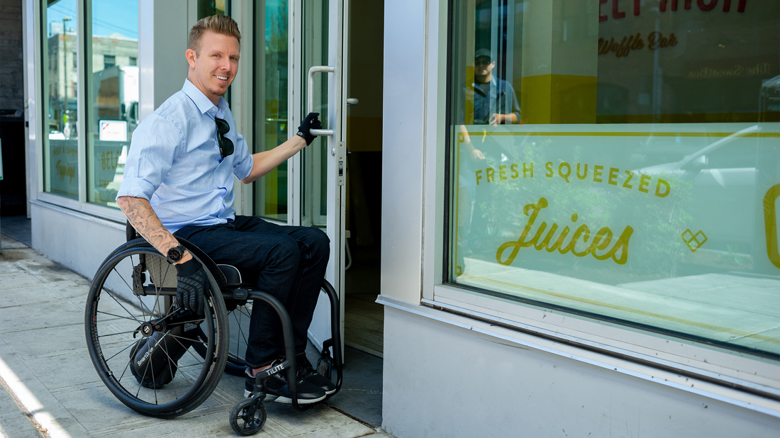 Man exploring in motorized wheelchair